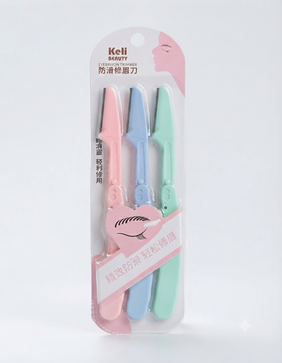 Keli Beauty Eyebrow Trimmer Set – Non-Slip Facial Razor, 3 Pack