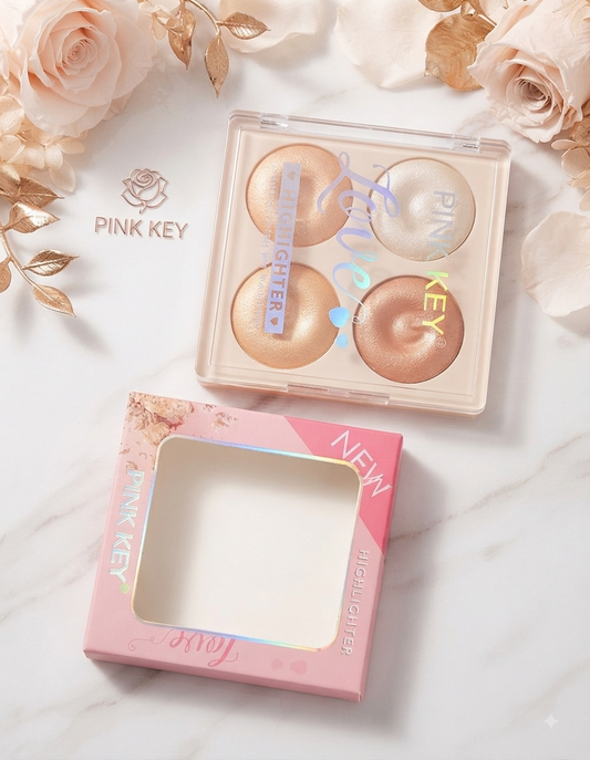 PINK KEY 4-Color Glow Highlighter Palette – Radiant Shimmer & Glow Powder