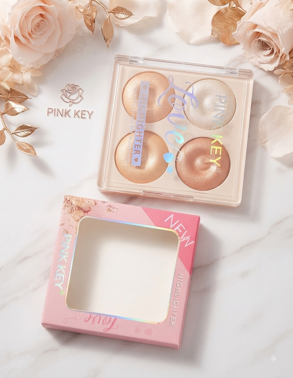 PINK KEY 4-Color Glow Highlighter Palette – Radiant Shimmer & Glow Powder